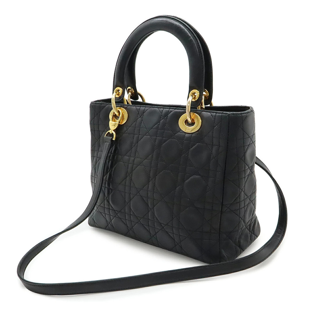 Dior Christian Lady Bag Black Leather Cannage Shoulder 2way Black